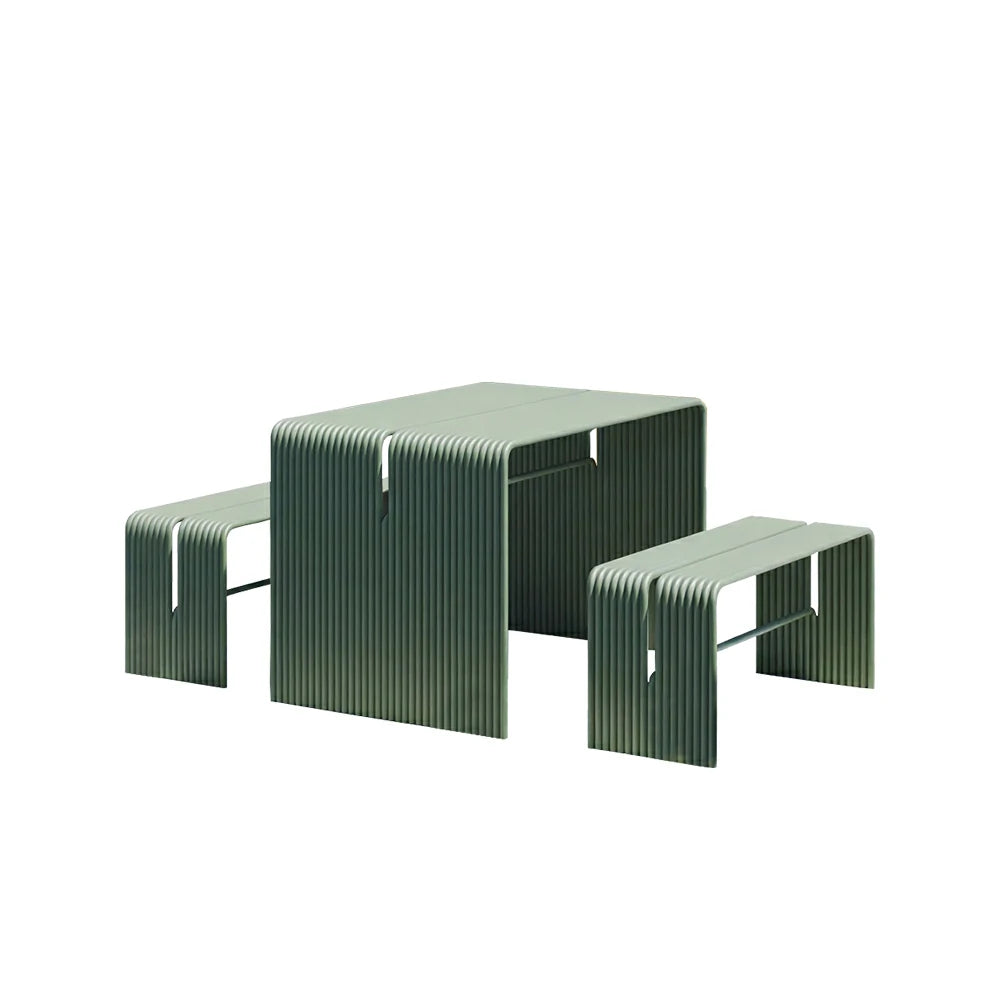 SOLARA Nordic Outdoor Table and Bench Set Aluminium Ribbed Design for Patio Garden Cafe Courtyard - Green