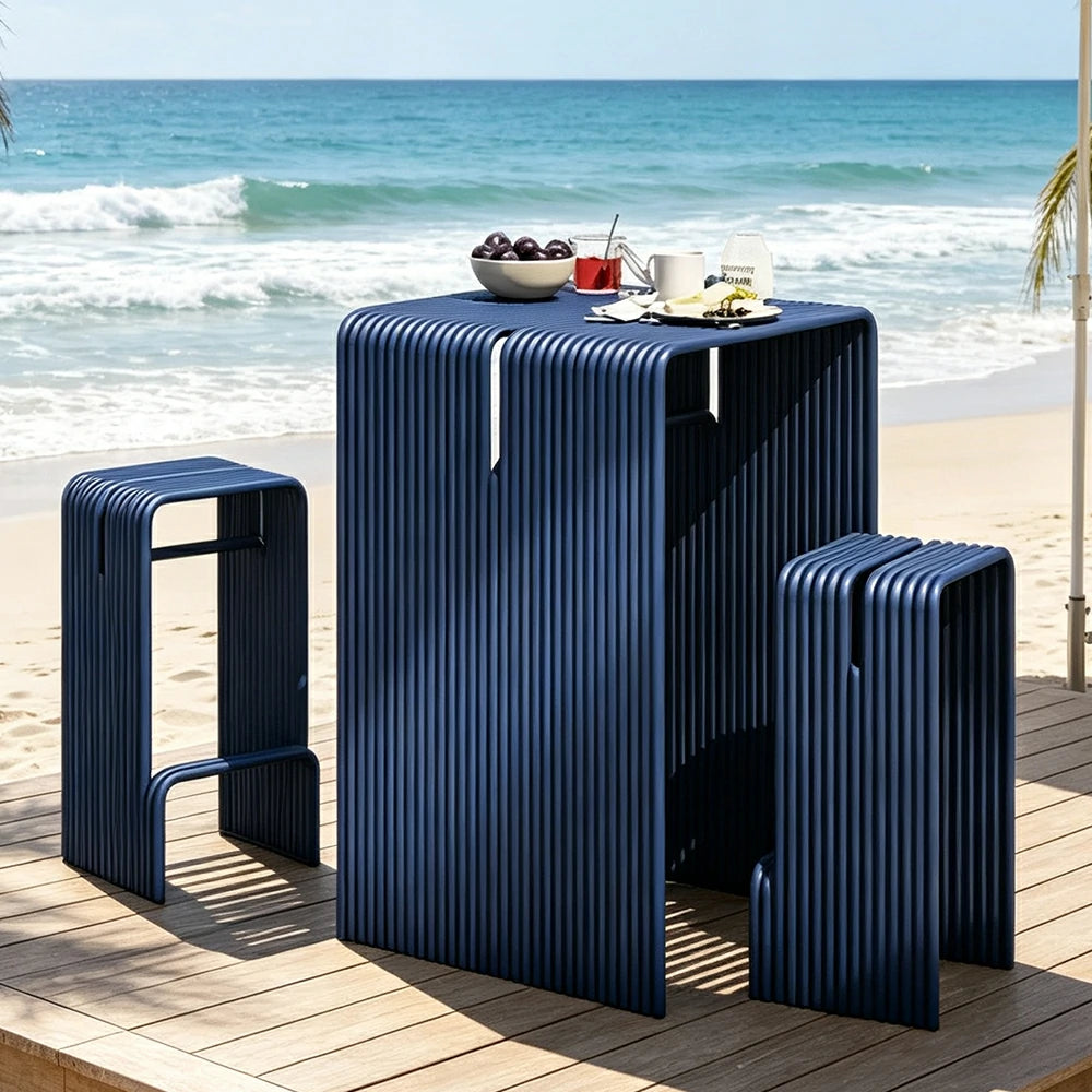 SOLARA Nordic Outdoor Table and Bench Set Aluminium Ribbed Design for Patio Garden Cafe Courtyard - Blue