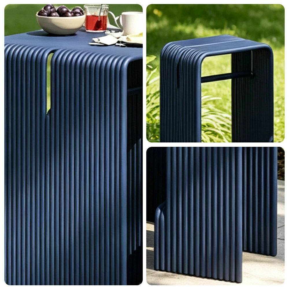 SOLARA Nordic Outdoor Table and Bench Set Aluminium Ribbed Design for Patio Garden Cafe Courtyard - Blue
