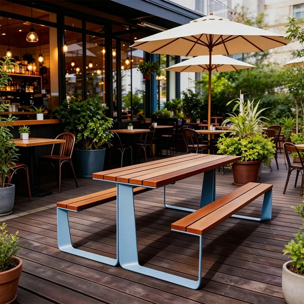 SOLARA Outdoor Table and Bench Set Modern Geometric Design Wood Plastic Composite for Patio Garden Park Courtyard