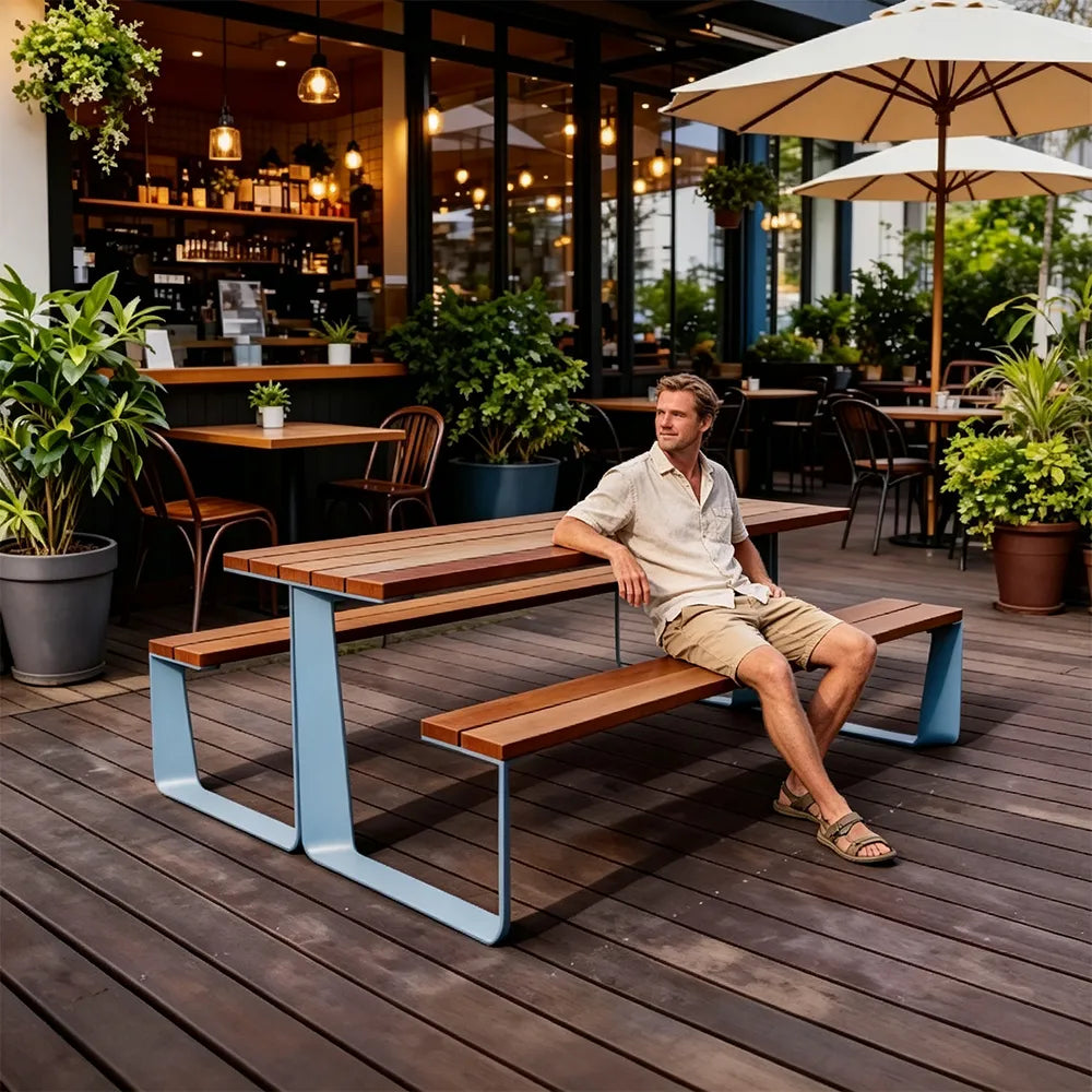 SOLARA Outdoor Table and Bench Set Modern Geometric Design Wood Plastic Composite for Patio Garden Park Courtyard