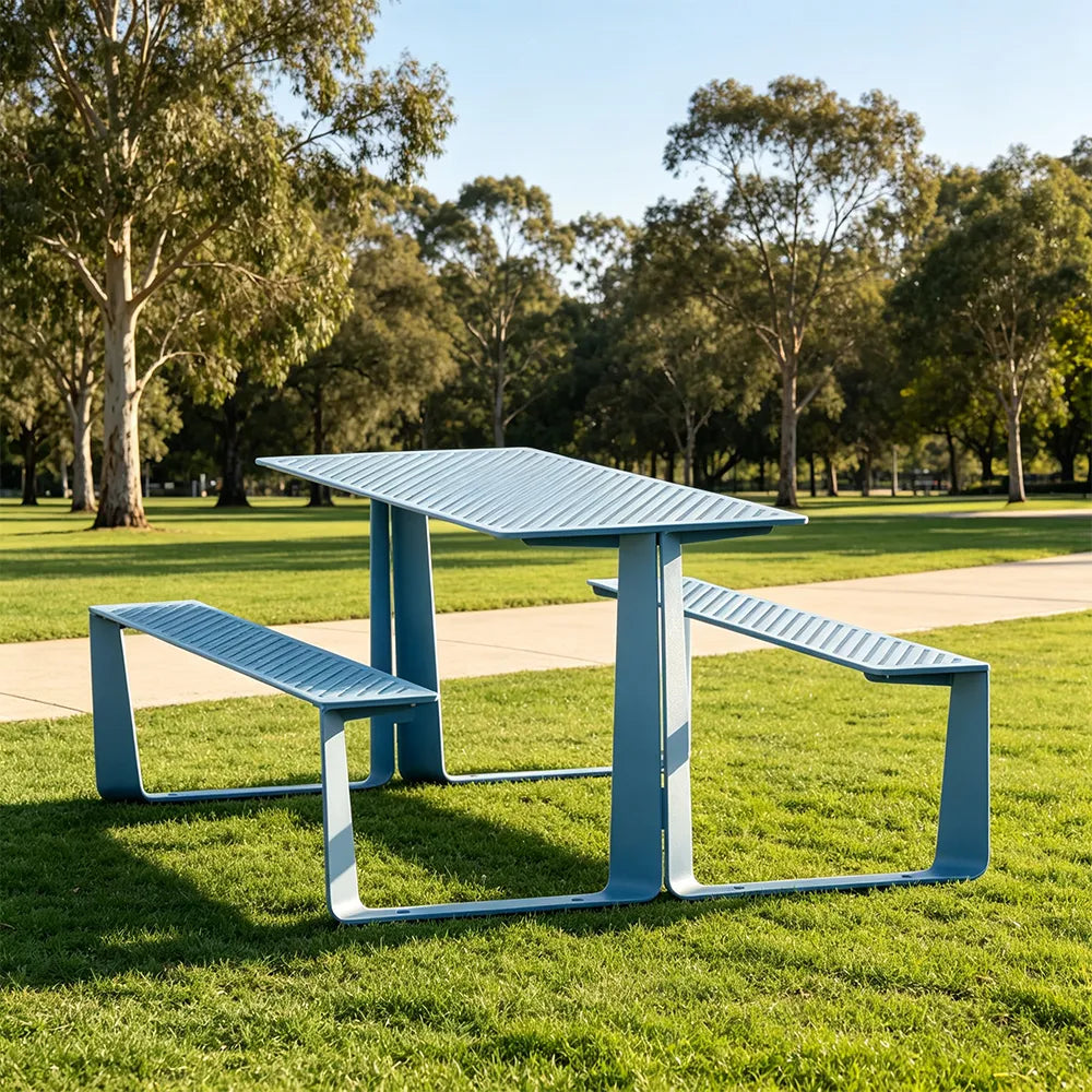 SOLARA Outdoor Table and Bench Set Modern Geometric Design Stainless Steel for Patio Garden Park Courtyard