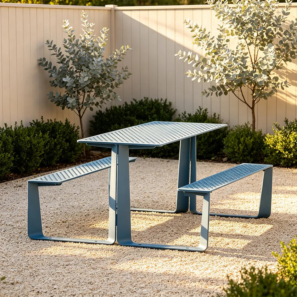 SOLARA Outdoor Table and Bench Set Modern Geometric Design Stainless Steel for Patio Garden Park Courtyard