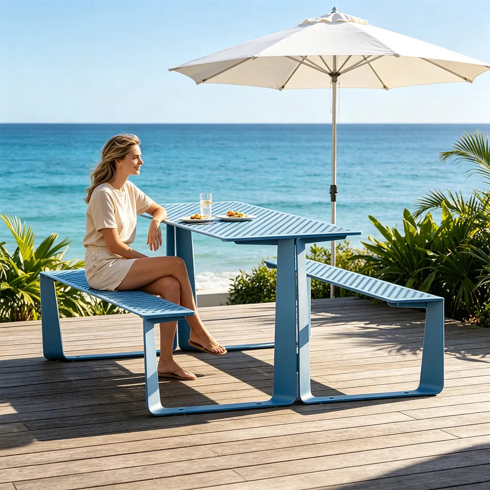 SOLARA Outdoor Table and Bench Set Modern Geometric Design Stainless Steel for Patio Garden Park Courtyard