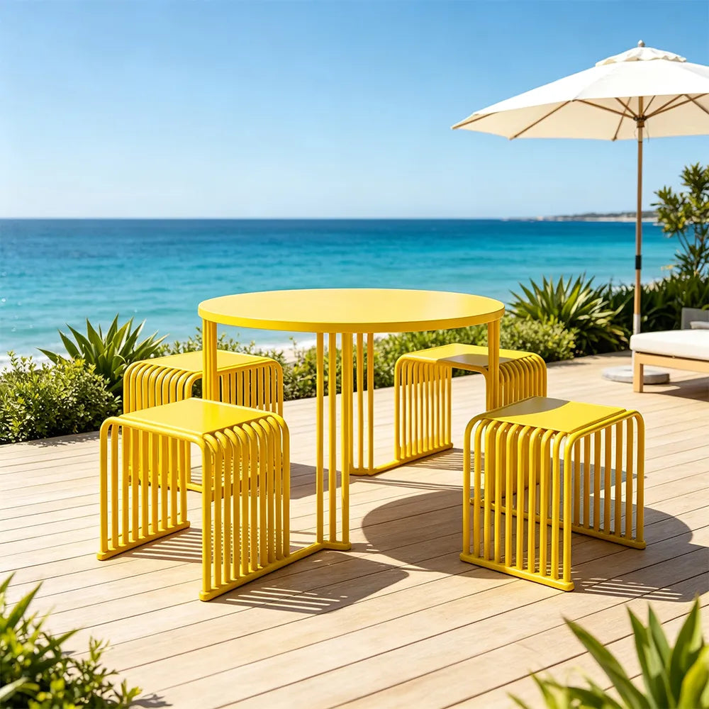 SOLARA Modern Outdoor Round Dining Set 1 Table 4 Chairs Metal Frame for Patio Balcony Courtyard Cafe