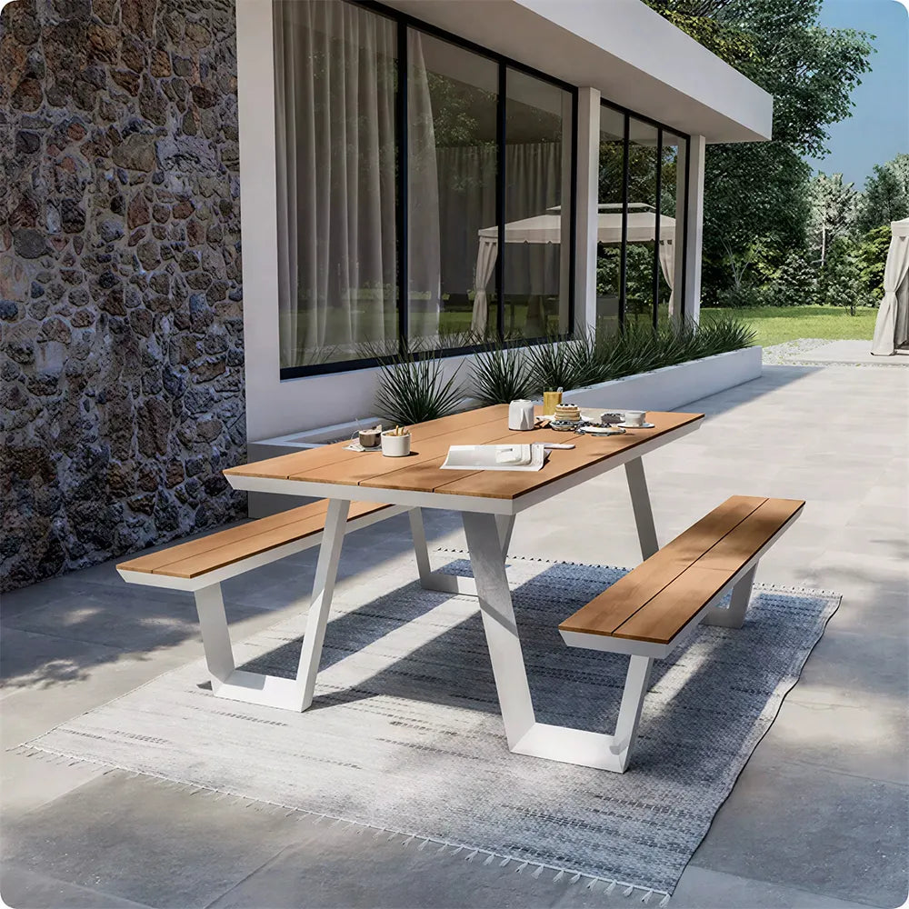 SOLARA Outdoor Table and Bench Set Aluminium Alloy Integrated Seating for Patio Courtyard Park Restaurant - White