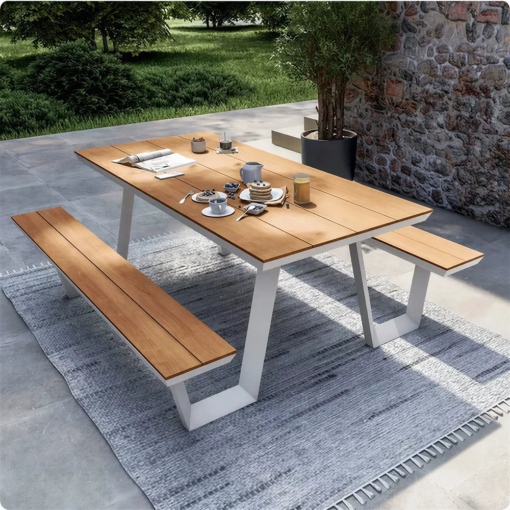 SOLARA Outdoor Table and Bench Set Aluminium Alloy Integrated Seating for Patio Courtyard Park Restaurant - White