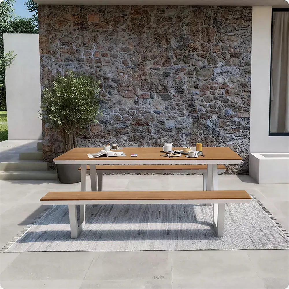 SOLARA Outdoor Table and Bench Set Aluminium Alloy Integrated Seating for Patio Courtyard Park Restaurant - White