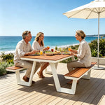 SOLARA Outdoor Table and Bench Set Aluminium Alloy Integrated Seating for Patio Courtyard Park Restaurant - White