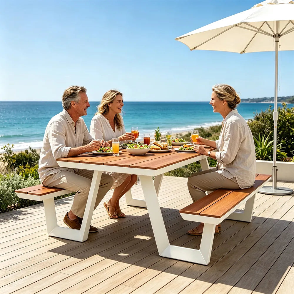 SOLARA Outdoor Table and Bench Set Aluminium Alloy Integrated Seating for Patio Courtyard Park Restaurant - White
