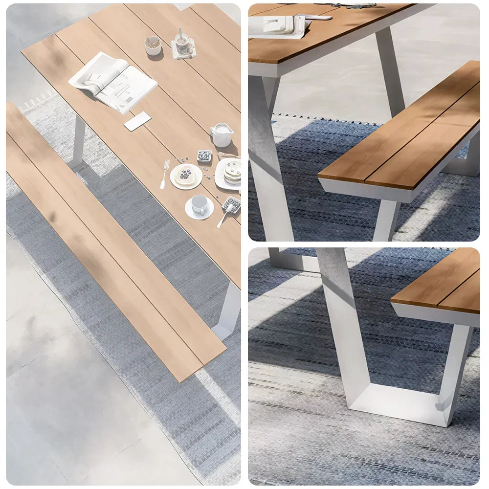 SOLARA Outdoor Table and Bench Set Aluminium Alloy Integrated Seating for Patio Courtyard Park Restaurant - White