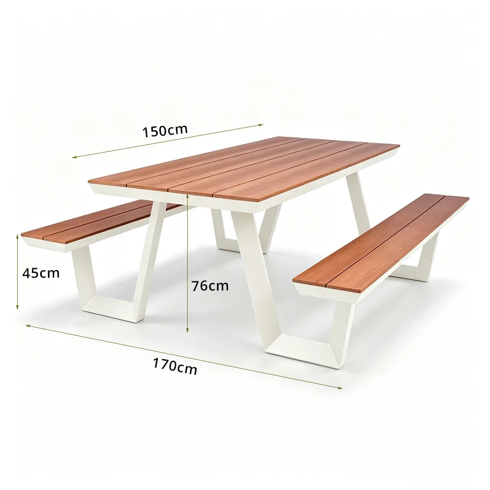 SOLARA Outdoor Table and Bench Set Aluminium Alloy Integrated Seating for Patio Courtyard Park Restaurant - White