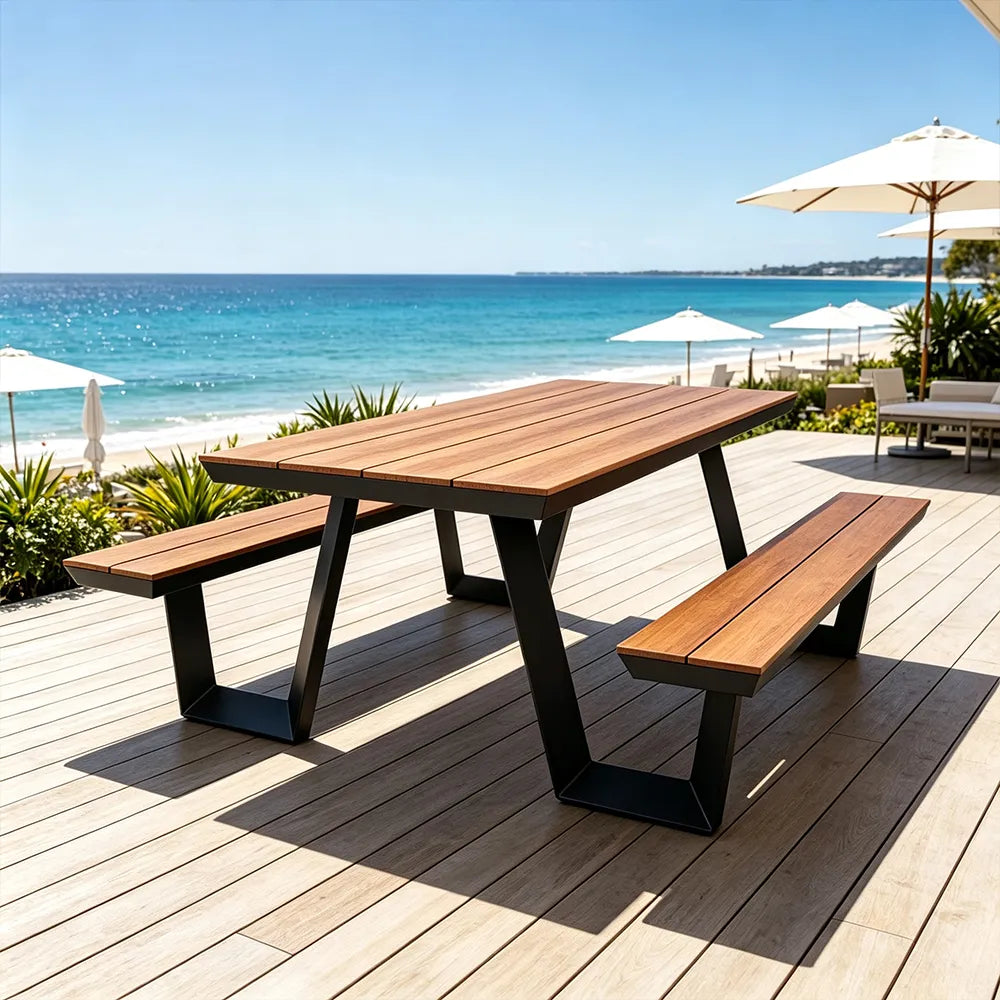 SOLARA Outdoor Table and Bench Set Aluminium Alloy Integrated Seating for Patio Courtyard Park Restaurant - Black