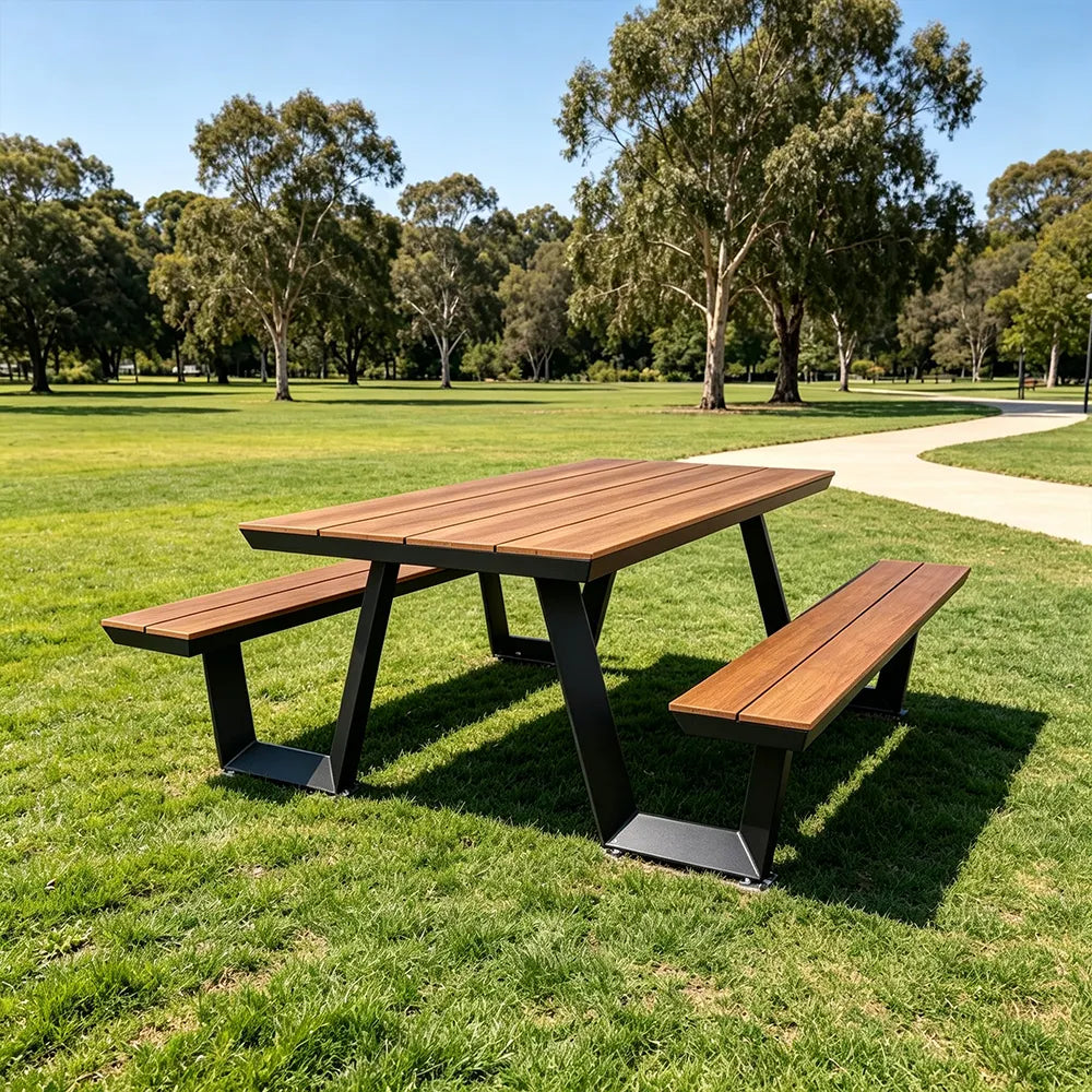 SOLARA Outdoor Table and Bench Set Aluminium Alloy Integrated Seating for Patio Courtyard Park Restaurant - Black