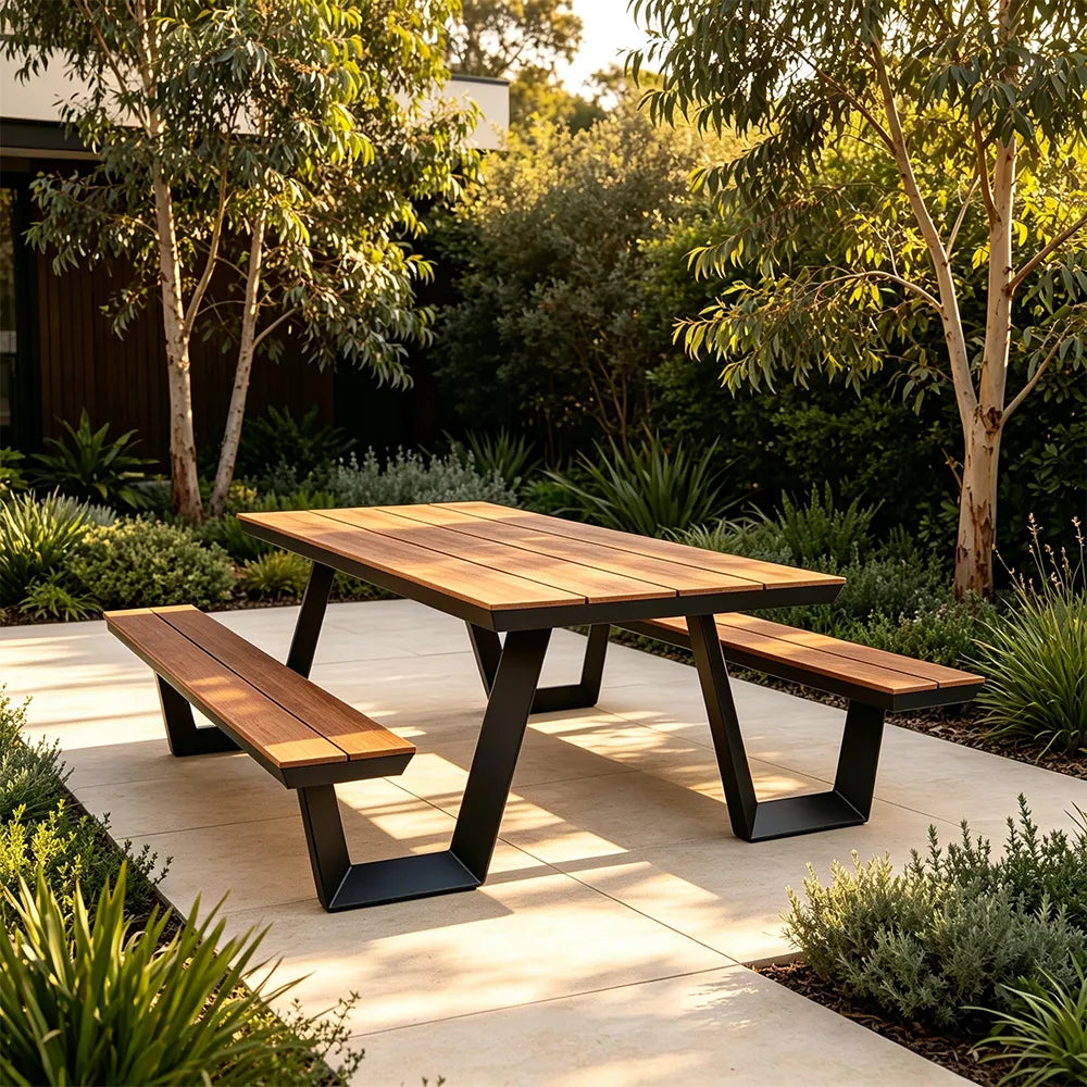 SOLARA Outdoor Table and Bench Set Aluminium Alloy Integrated Seating for Patio Courtyard Park Restaurant - Black
