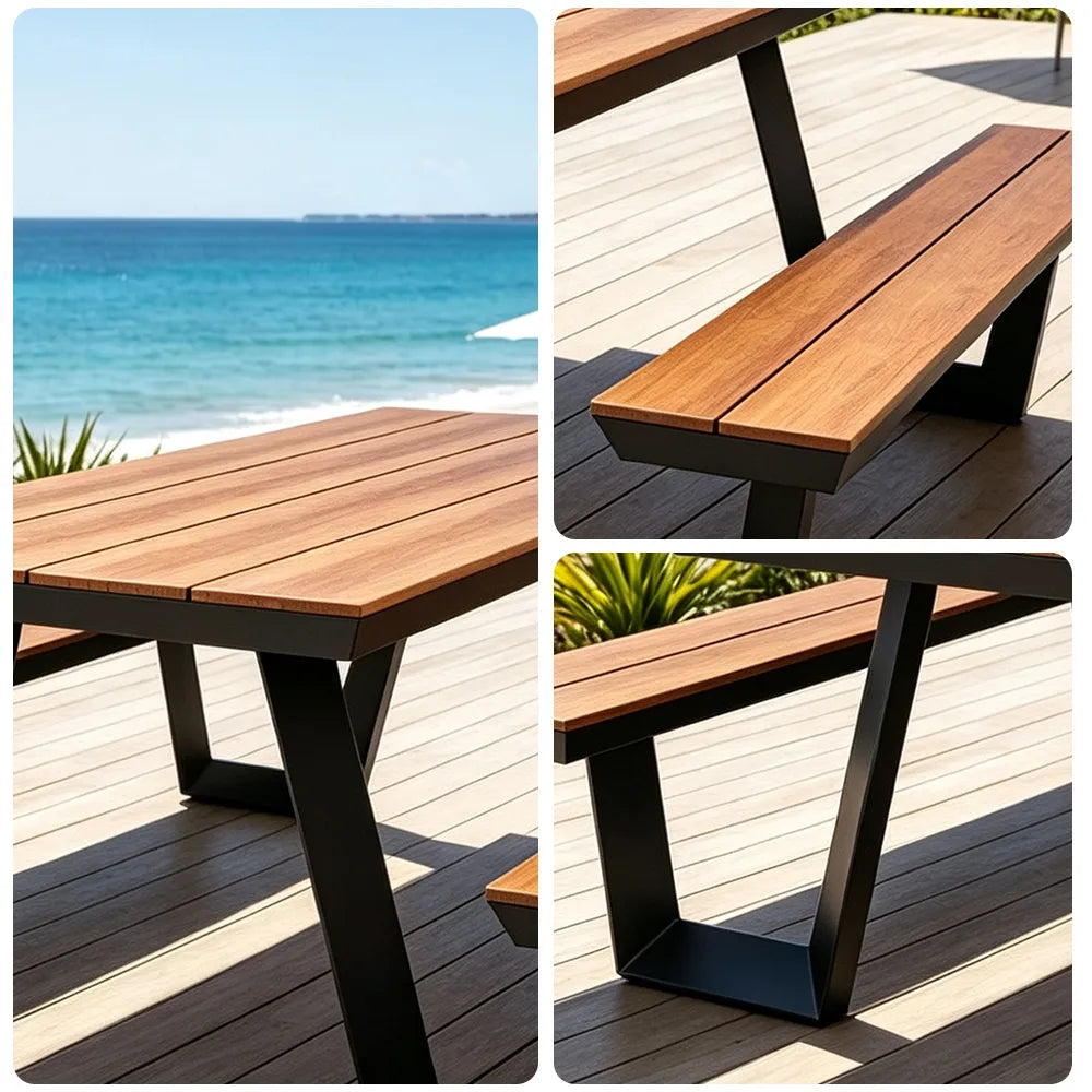 SOLARA Outdoor Table and Bench Set Aluminium Alloy Integrated Seating for Patio Courtyard Park Restaurant - Black