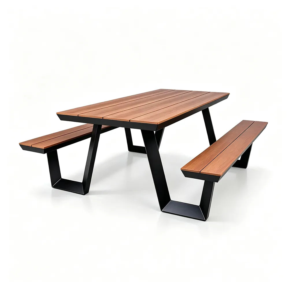SOLARA Outdoor Table and Bench Set Aluminium Alloy Integrated Seating for Patio Courtyard Park Restaurant - Black