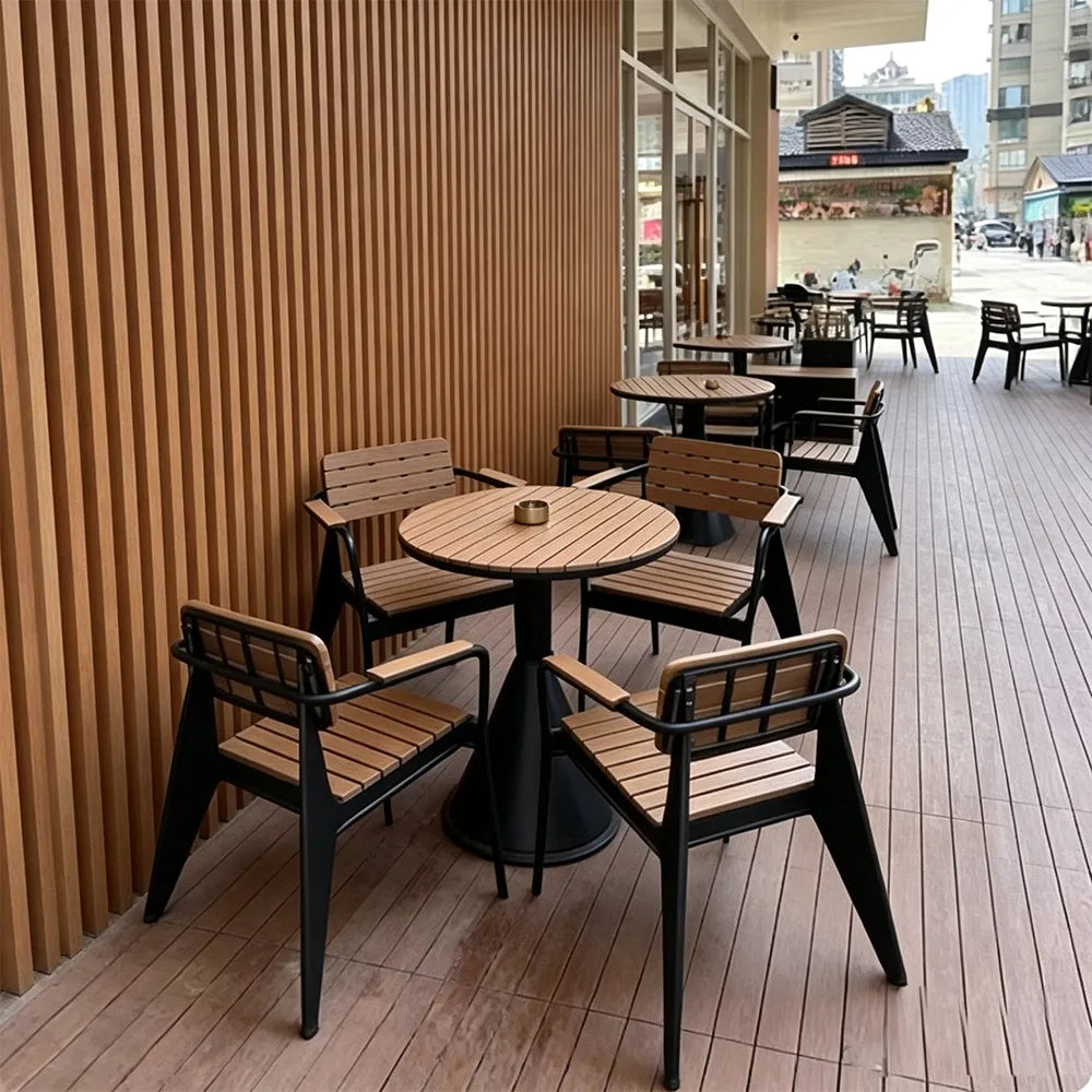 SOLARA Outdoor Round Dining Set Plastic Wood Table with Armchairs for Patio Courtyard Balcony Restaurant