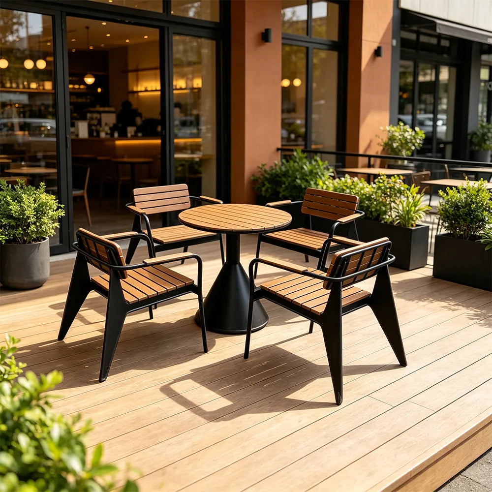 SOLARA Outdoor Round Dining Set Plastic Wood Table with Armchairs for Patio Courtyard Balcony Restaurant