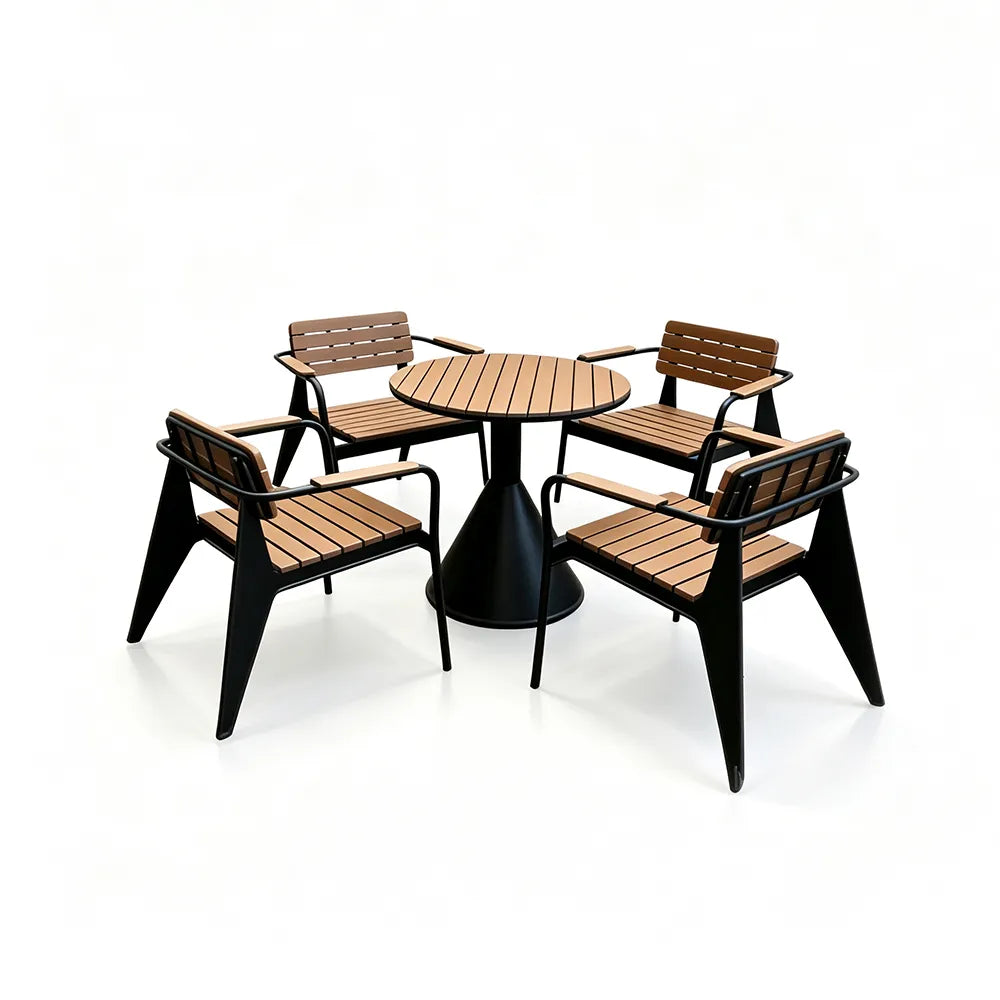 SOLARA Outdoor Round Dining Set Plastic Wood Table with Armchairs for Patio Courtyard Balcony Restaurant