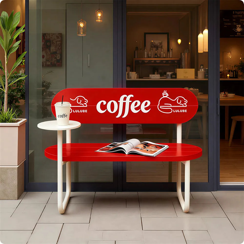 SOLARA Nordic Outdoor Bench Iron Frame with Backrest for Patio Balcony Courtyard Porch Garden - Red
