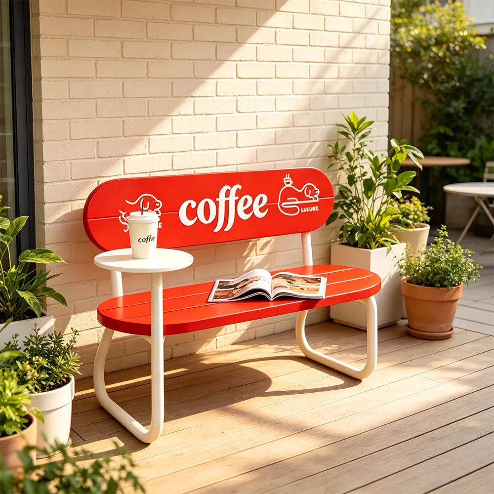 SOLARA Nordic Outdoor Bench Iron Frame with Backrest for Patio Balcony Courtyard Porch Garden - Red