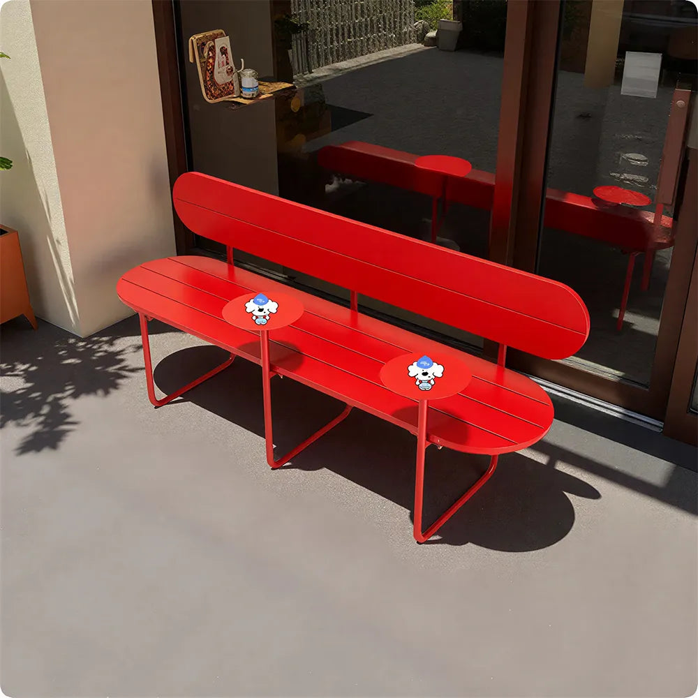 SOLARA Nordic Outdoor Bench 180cm Iron Frame with Backrest for Patio Balcony Courtyard Porch Garden - Red