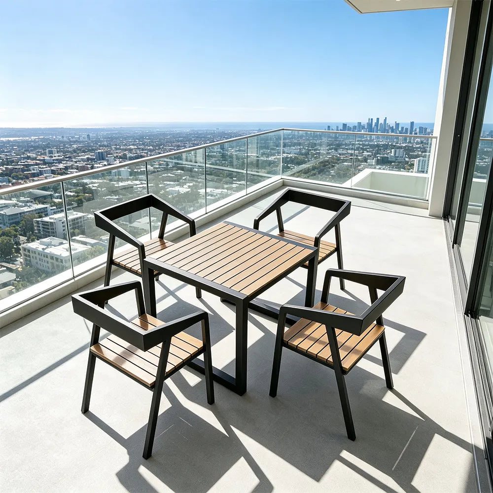 SOLARA Industrial Outdoor Dining Set Plastic Wood Table Stackable Chairs for Patio Courtyard Cafe Restaurant