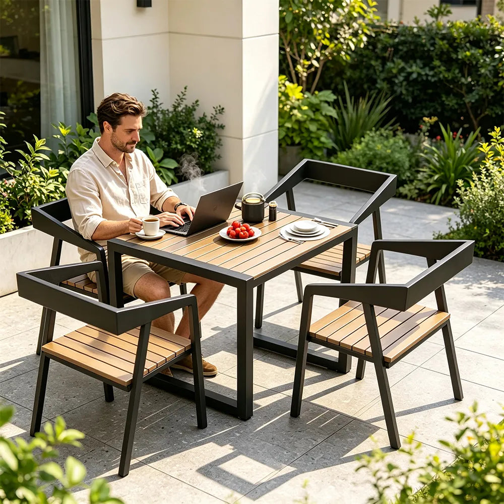 SOLARA Industrial Outdoor Dining Set Plastic Wood Table Stackable Chairs for Patio Courtyard Cafe Restaurant