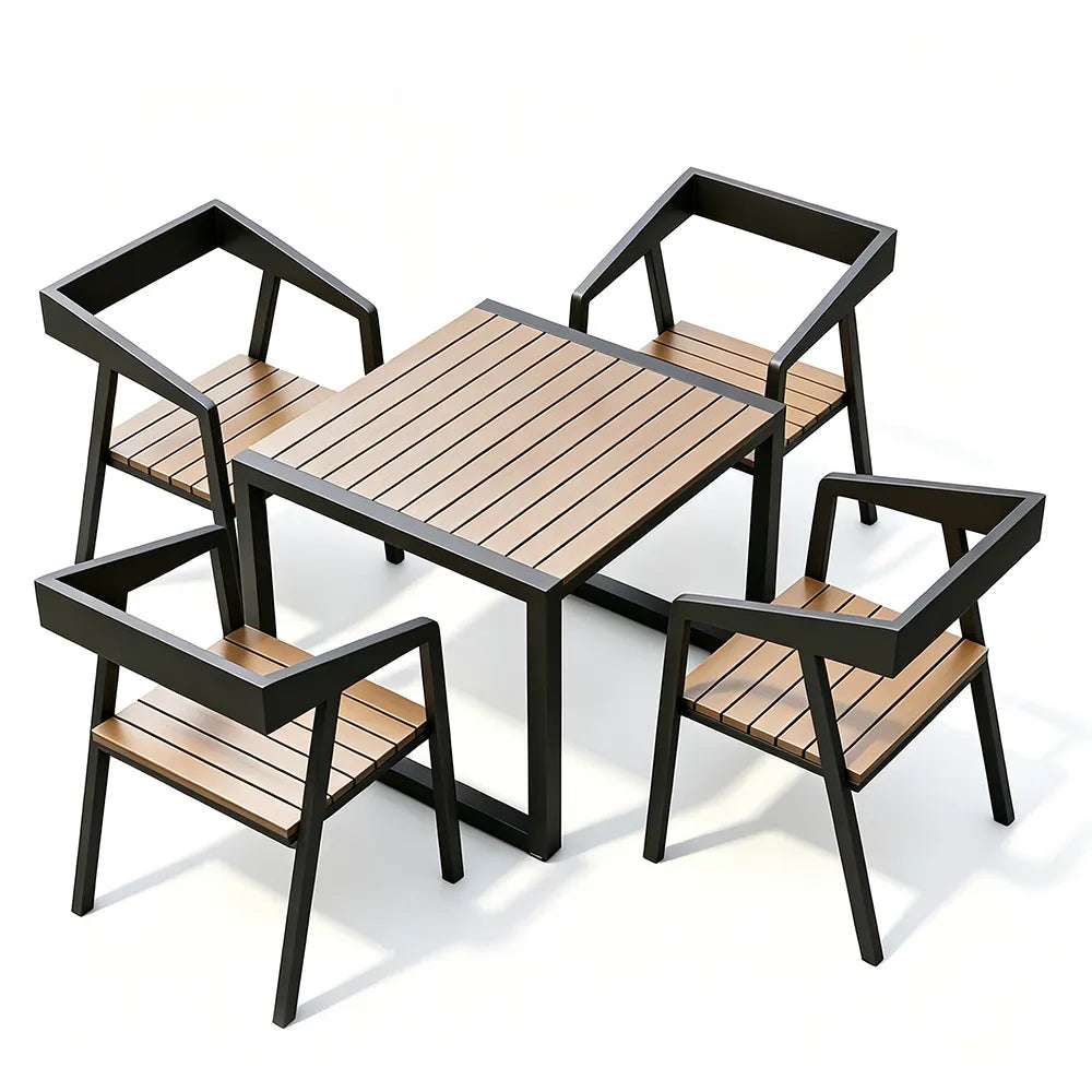 SOLARA Industrial Outdoor Dining Set Plastic Wood Table Stackable Chairs for Patio Courtyard Cafe Restaurant