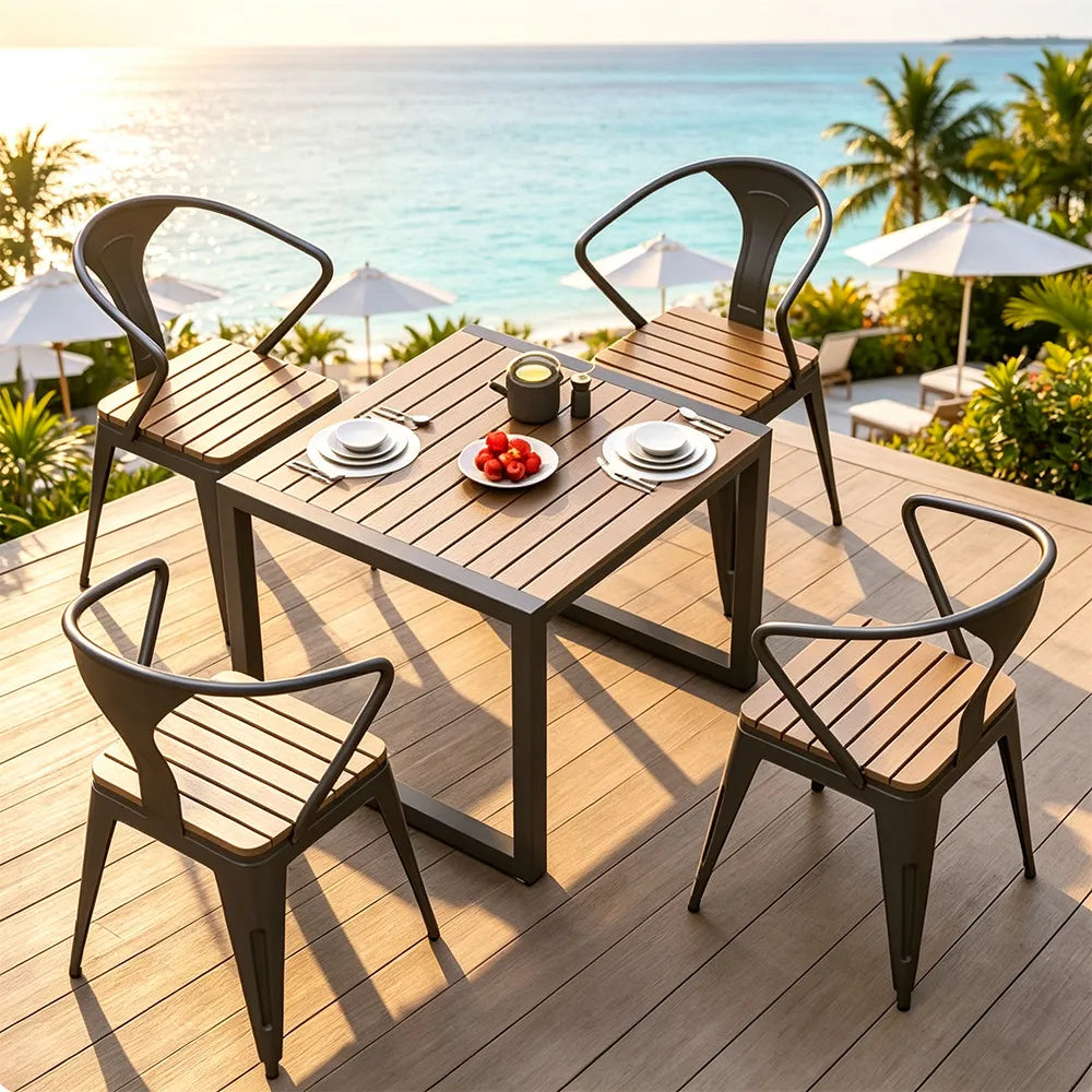 SOLARA Outdoor Bistro Set Weather Resistant Plastic Wood Table Metal Frame for Balcony Patio Cafe Garden