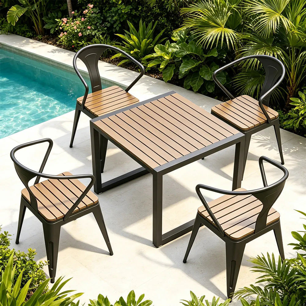 SOLARA Outdoor Bistro Set Weather Resistant Plastic Wood Table Metal Frame for Balcony Patio Cafe Garden