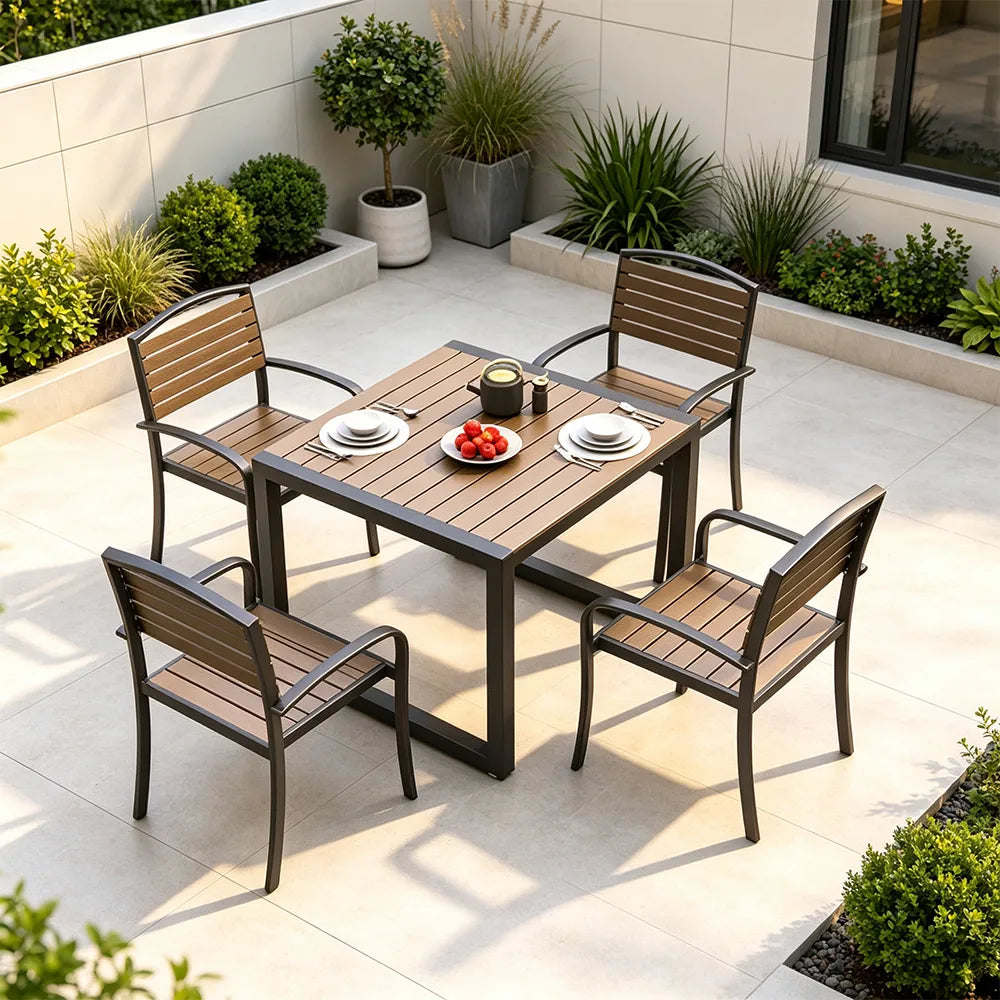 SOLARA Plastic Wood Outdoor Dining Set Reinforced Metal Frame Stackable Chairs for Courtyard Patio Commercial Areas