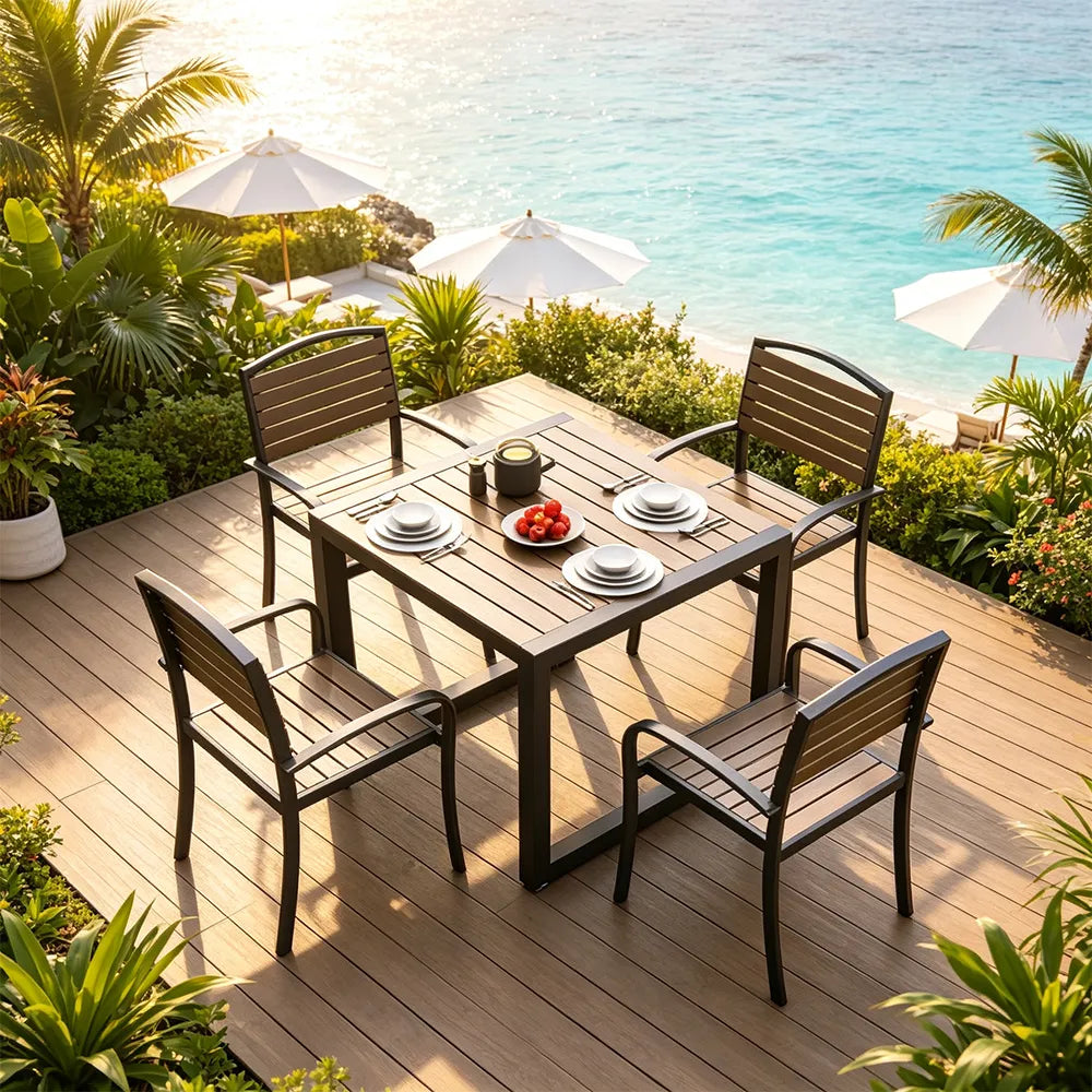 SOLARA Plastic Wood Outdoor Dining Set Reinforced Metal Frame Stackable Chairs for Courtyard Patio Commercial Areas