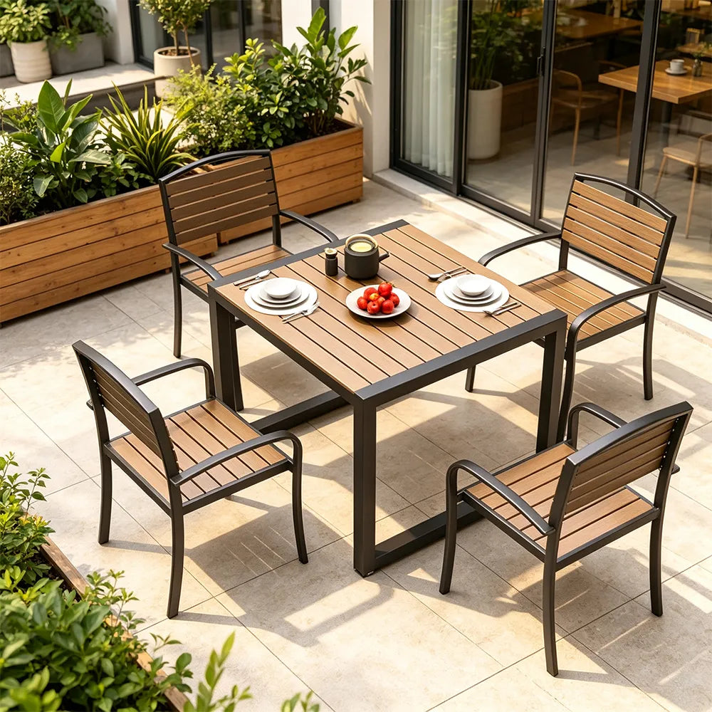 SOLARA Plastic Wood Outdoor Dining Set Reinforced Metal Frame Stackable Chairs for Courtyard Patio Commercial Areas
