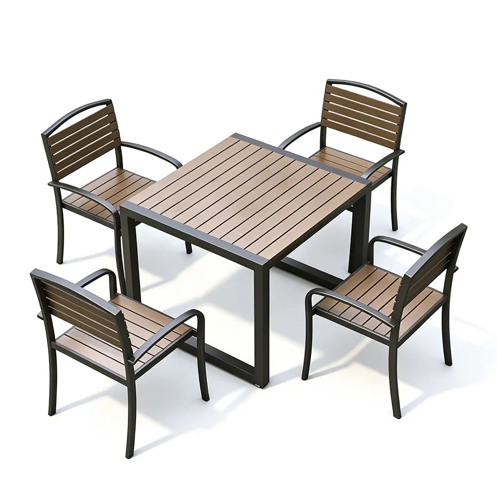 SOLARA Plastic Wood Outdoor Dining Set Reinforced Metal Frame Stackable Chairs for Courtyard Patio Commercial Areas