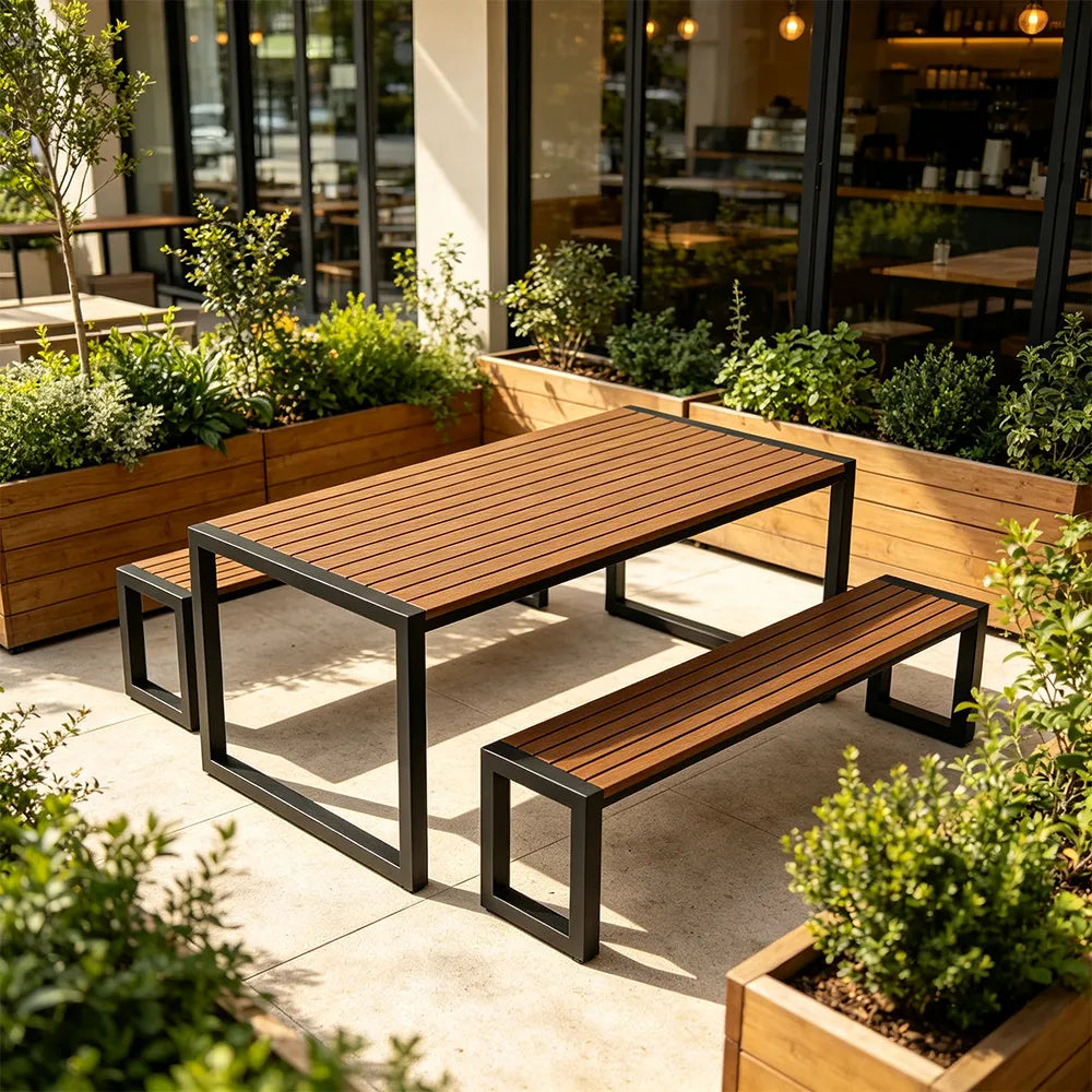 SOLARA Industrial Outdoor Dining Set Plastic Wood Table Metal Bench Seating for Patio Courtyard Cafe Restaurant