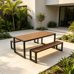 SOLARA Industrial Outdoor Dining Set Plastic Wood Table Metal Bench Seating for Patio Courtyard Cafe Restaurant