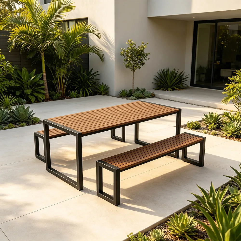 SOLARA Industrial Outdoor Dining Set Plastic Wood Table Metal Bench Seating for Patio Courtyard Cafe Restaurant