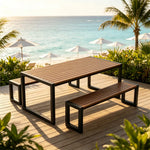 SOLARA Industrial Outdoor Dining Set Plastic Wood Table Metal Bench Seating for Patio Courtyard Cafe Restaurant