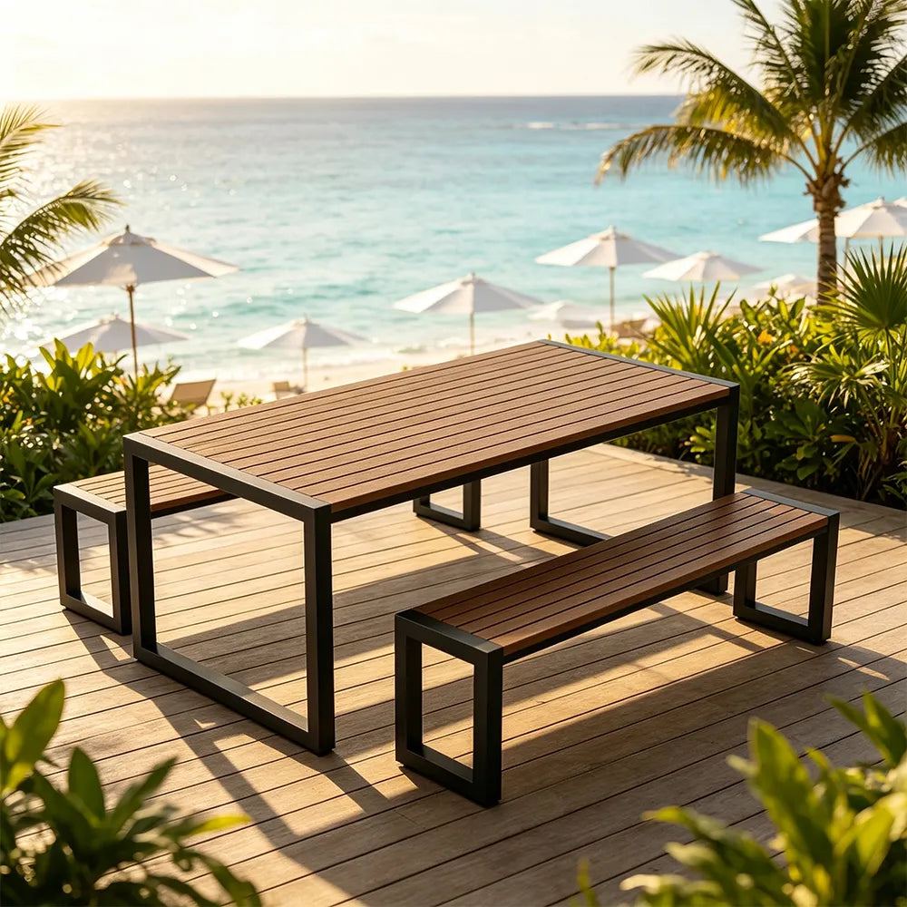 SOLARA Industrial Outdoor Dining Set Plastic Wood Table Metal Bench Seating for Patio Courtyard Cafe Restaurant
