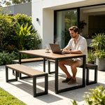 SOLARA Industrial Outdoor Dining Set Plastic Wood Table Metal Bench Seating for Patio Courtyard Cafe Restaurant