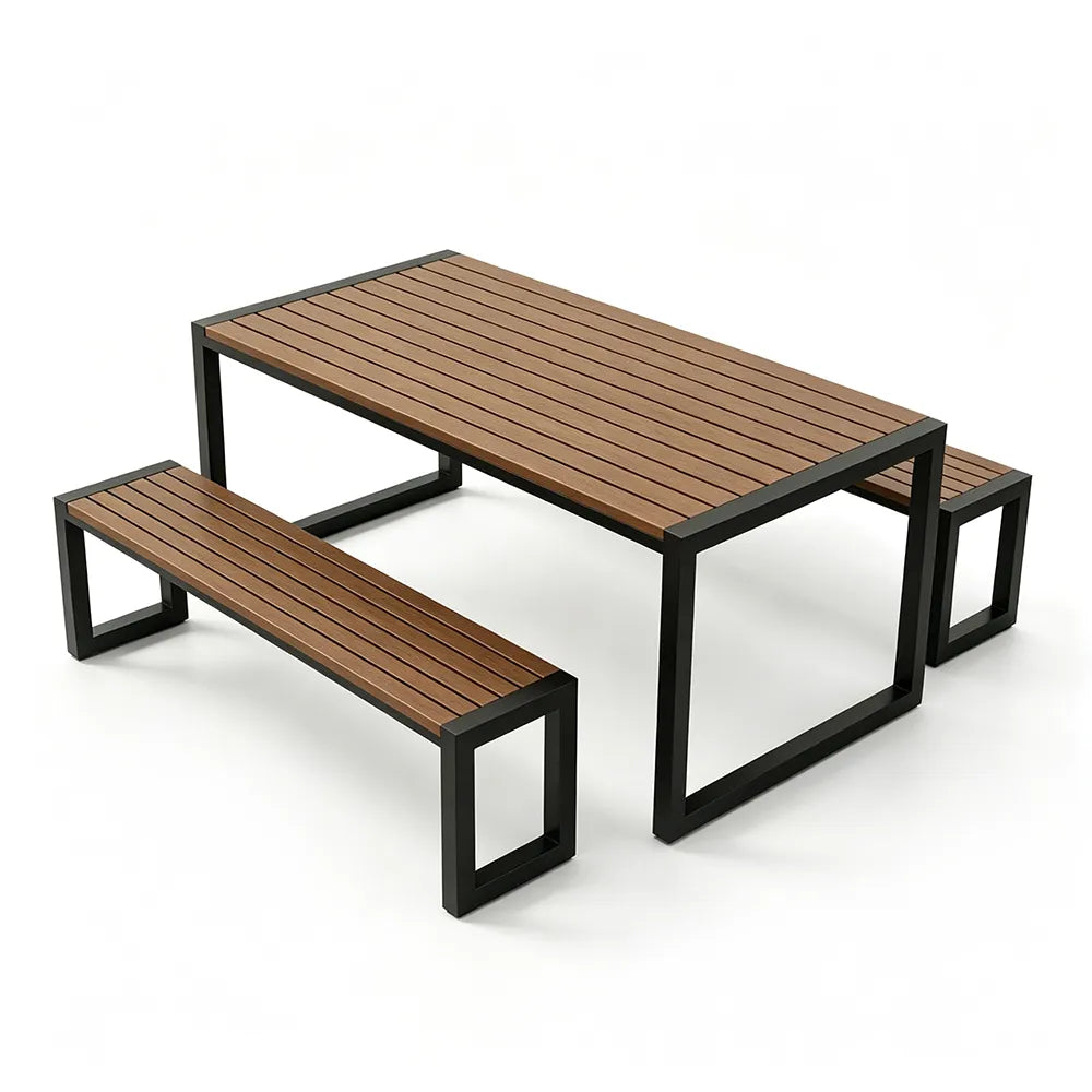 SOLARA Industrial Outdoor Dining Set Plastic Wood Table Metal Bench Seating for Patio Courtyard Cafe Restaurant