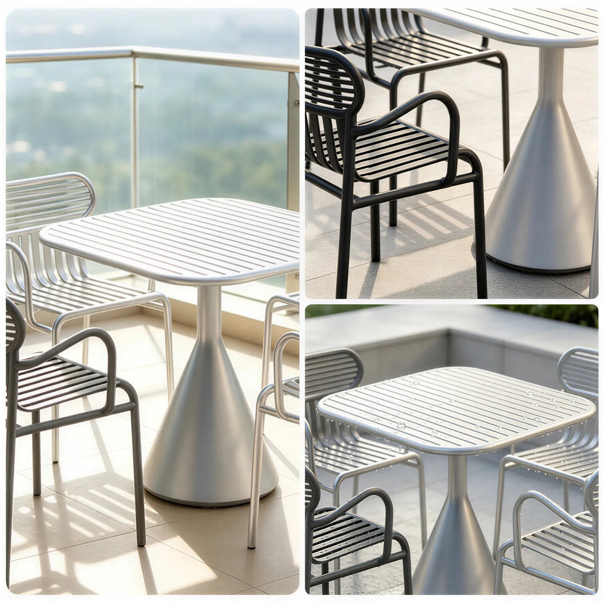 SOLARA Modern Outdoor Dining Set Carbon Steel Frame Weather Resistant for Patio Balcony and Cafe - Silver