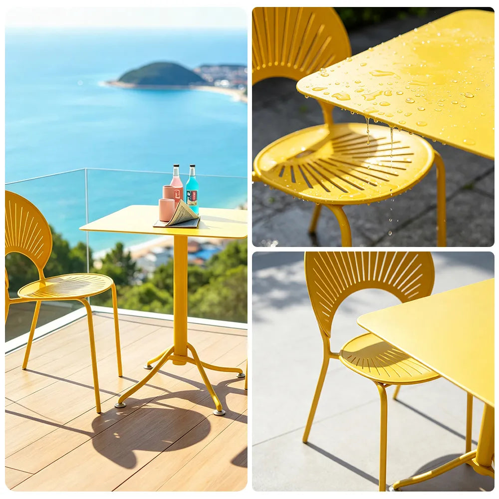 SOLARA Outdoor Dining Set 1 Table 2 Chairs Curved Design Weather Resistant for Balcony Patio and Cafe - Yellow