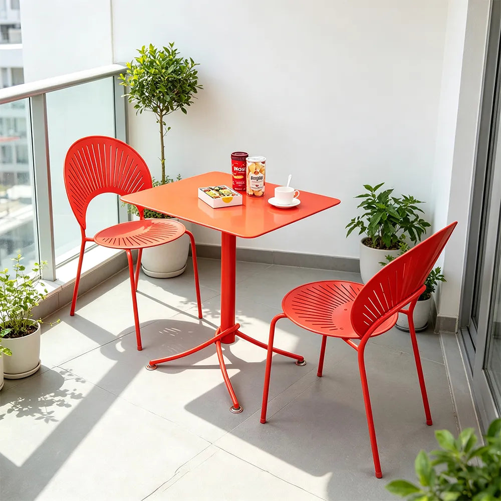 SOLARA Outdoor Dining Set 1 Table 2 Chairs Curved Design Weather Resistant for Balcony Patio and Cafe - Red