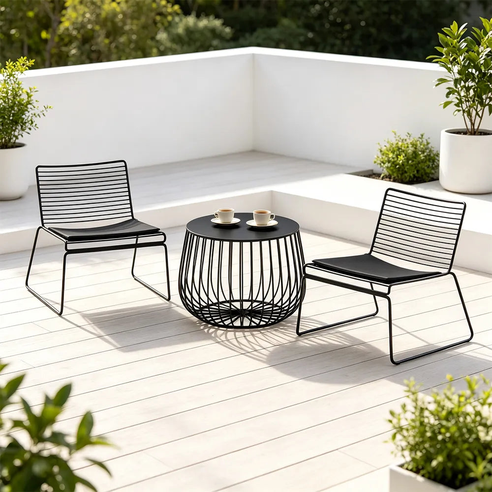 SOLARA 3 Piece Outdoor Lounge Set 1 Table 2 Chairs Carbon Steel Frame Waterproof Cushions for Balcony Patio and Garden - Black
