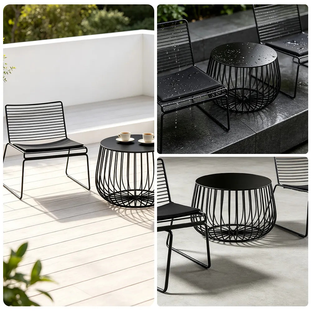 SOLARA 3 Piece Outdoor Lounge Set 1 Table 2 Chairs Carbon Steel Frame Waterproof Cushions for Balcony Patio and Garden - Black