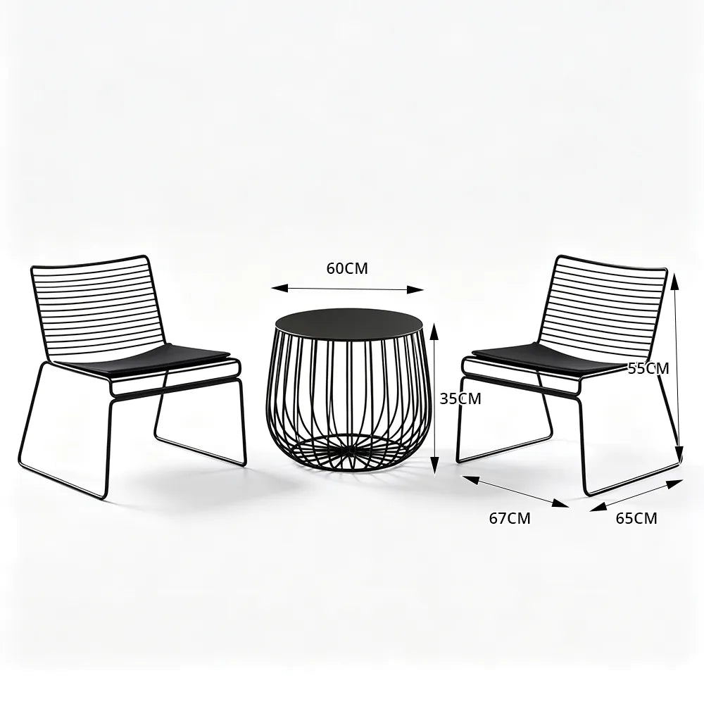 SOLARA 3 Piece Outdoor Lounge Set 1 Table 2 Chairs Carbon Steel Frame Waterproof Cushions for Balcony Patio and Garden - Black