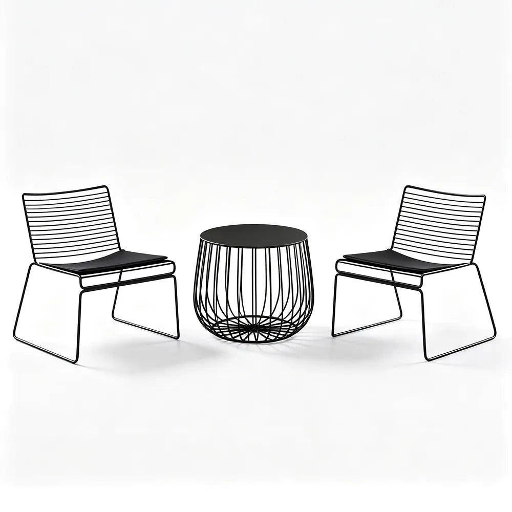 SOLARA 3 Piece Outdoor Lounge Set 1 Table 2 Chairs Carbon Steel Frame Waterproof Cushions for Balcony Patio and Garden - Black